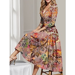 Women's Midi Dress Party Dress Cocktail Dress Wedding Guest Dress Swing Dress Fashion Party Modern Formal Winter Dress Vacation Regular Fit Floral 3/4 Length Sleeve Deep V Red Blue Green Spring Fall