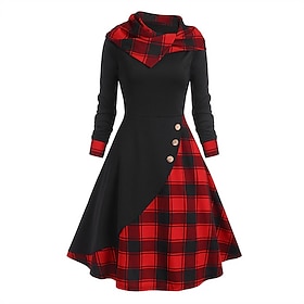 Women's Midi Dress Plaid Dress Casual Dress Sheath Dress Fashion Winter Dress Vacation Daily Loose Fit Plaid Color Block Long Sleeve Hooded Black Red Spring Fa