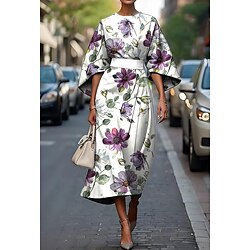 Women's Midi Dress Sheath Dress Casual Formal Semi Formal Office Daily Regular Fit Floral Graphic 3/4 Length Sleeve Crew Neck Blue Purple Light Blue Summer Spring