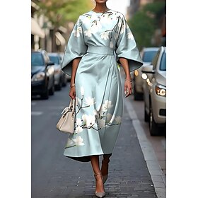 Women's Midi Dress Sheath Dress Casual Formal Semi Formal Office Daily Regular Fit Floral Graphic 3/4 Length Sleeve Crew Neck Green Khaki Dark Blue Summer Spri