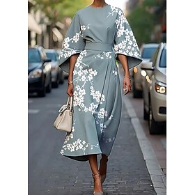 Women's Midi Dress Sheath Dress Casual Formal Semi Formal Office Daily Regular Fit Floral Graphic 3/4 Length Sleeve Crew Neck Light Green Blue Green Gray Summe