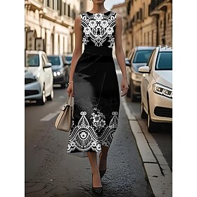 Women's Midi Dress Sheath Dress Casual Formal Semi Formal Office Daily Regular Fit Graphic Paisley Sleeveless Crew Neck Black Pink Blue Light Blue Summer Sprin