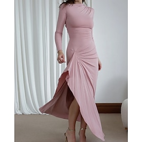 Women's Midi Dress Sheath Dress Fashion Classic Outdoor Holiday Going out Regular Fit Plain Long Sleeve Crew Neck Black Pink Wine Summer