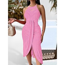 Women's Midi Dress Sheath Dress Wrap Dress Slip Dress Eyelet Dress Casual Beach Outdoor Going out Beach Regular Fit Solid Color Sleeveless Halter Neck Black Yellow Pink Red Summer
