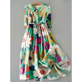 Women's Midi Dress Shift Dress Casual Daily Regular Fit Floral Graphic Half Sleeve Shirt Collar Pink Blue Green Apricot Summer Spring