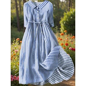 Women's Midi Dress Shift Dress Casual Daily Regular Fit Graphic Striped Half Sleeve Shirt Collar Red Blue Purple Green Summer Spring