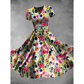 Women's Midi Dress Shift Dress Summer Dress Vacation Casual Daily Regular Fit Floral Graphic Short Sleeve V Neck Pink Red Blue Purple Summer Spring