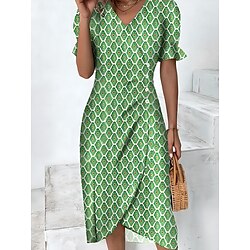 Women's Midi Dress Summer Dress Ruffle Dress Bodycon Dress Party Vacation Daily Regular Fit Graphic Short Sleeve V Neck Magenta Black Light Green Blue Summer