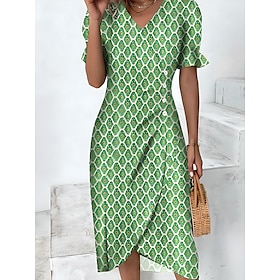 Women's Midi Dress Summer Dress Ruffle Dress Bodycon Dress Party Vacation Daily Regular Fit Graphic Short Sleeve V Neck Magenta Black Light Green Blue Summer