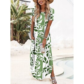 Women's Midi Dress T Shirt Dress Tee Dress Summer Dress Casual Daily Loose Fit Graphic Leaf Short Sleeve Crew Neck Green Summer