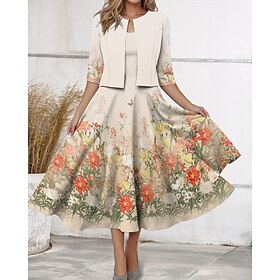 Women's Midi Dress Two Piece Dress Set Casual Dress Chiffon Dress Swing Dress Elegant Floral Print Half Sleeve V Neck Vacation Date Beige Spring Regular Fit
