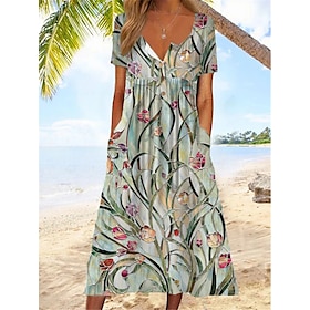 Women's Midi Dress V-Neck Floral Print Short Sleeve A-Line Comfort Blue Beach Party Spring Summer Fashion Clothing Apparel