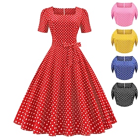 Women's Midi Dress Vintage Dress Casual Dress Swing Dress Skater Dress Vintage 1950s Wedding Guest Daily Holiday Regular Fit Polka Dot Short Sleeve Square Neck
