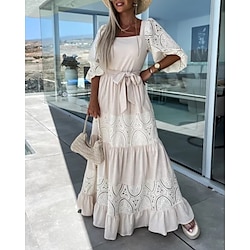 Women's Midi Dress White Dress Fashion Outdoor Holiday Tea Party Regular Fit Plain Short Sleeve Square Neck White Pink Purple Apricot Summer