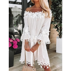 Women's Midi Dress White Dress Lace Dress Shift Dress Summer Dress Fashion Basic Modern Outdoor Vacation Daily Loose Fit Plain 3/4 Length Sleeve Off Shoulder White Summer Spring