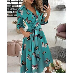 Women's Midi Dress Work Dress Semi Formal Dress Wrap Dress Tea Dress Vintage Fashion 1920s Winter Dress Vacation Office Regular Fit Butterfly Print Pure Color