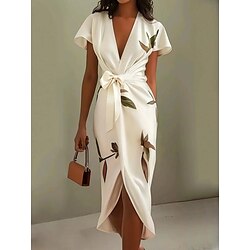 Women's Midi Dress Wrap Dress Vacation Casual Outdoor Going out Beach Slim Floral Graphic Long Sleeve V Neck White Summer Spring
