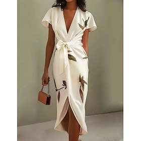 Women's Midi Dress Wrap Dress Vacation Casual Outdoor Going out Beach Slim Floral Graphic Long Sleeve V Neck White Summer Spring
