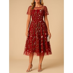 Women's Mini Dress A Line Dress Tulle Dress Elegant Party Cocktail Outdoor Party Wedding Guest Regular Fit Floral Short Sleeve Crew Neck Black White Red Blue S