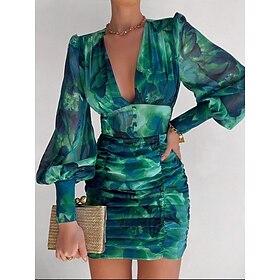 Women's Mini Dress Casual Dress Bodycon Stylish Casual Vacation Daily Regular Fit Floral Long Sleeve V Neck Green Light Blue Spring Fall