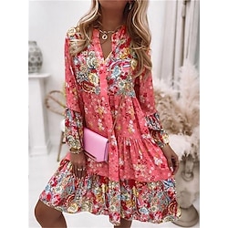 Women's Mini Dress Casual Dress Boho Dress SpringDress Streetwear Vacation Street Holiday Regular Fit Floral Long Sleeve Split Neck Pink Blue Orange Green Summer Spring