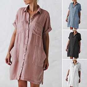 Women's Mini Dress Casual Dress Cotton Linen Dress Summer Dress Fashion Modern Daily Beach Weekend Regular Fit Plain Short Sleeve Shirt Collar Black White Pink