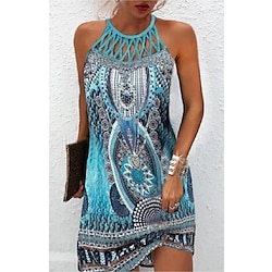 Women's Mini Dress Casual Dress Ethnic Dress Boho Dress Halter Neck Dress Fashion Classic Casual Vacation Daily Holiday Regular Fit Geometric Print Sleeveless Crew Neck Halter Neck Black Blue Green