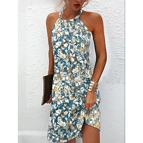 Women's Mini Dress Casual Dress Petite Dress Sundress Summer Dress Vintage Ethnic Vacation Cocktail Party Beach Loose Fit Floral Sleeveless Halter Neck Blue Su