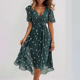 Women's Mini Dress Cocktail Dress Floral Dress Fashion Modern Outdoor Vacation Holiday Regular Fit Flower Short Sleeve V Neck Light Green Red Navy Blue Royal B