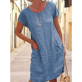 Women's Mini Dress Cotton Linen Dresses Casual Dress T Shirt Dress Tee Dress Basic Casual Vacation Daily Regular Fit Plain Short Sleeve Crew Neck Black Blue Kh
