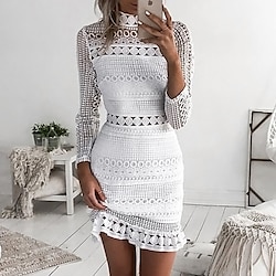 Women's Mini Dress Lace Dress Party Dress Homecoming Dress Sheath Dress Elegant Fashion Romantic Wedding Guest Cocktail Party Date Regular Fit Pure Color Long Sleeve High Neck White Summer Spring
