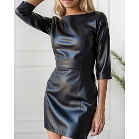 Women's Mini Dress Leather Dress Fashion Modern Outdoor Vacation Holiday Regular Fit Plain 3/4 Length Sleeve Crew Neck Black Summer