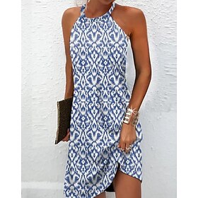 Women's Mini Dress Petite Dress Sundress Summer Dress Halter Dress Casual Vacation Daily Cocktail Party Regular Fit Print Sleeveless Halter Neck Strapless Blue