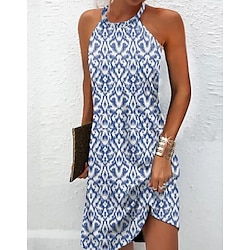 Women's Mini Dress Petite Dress Sundress Summer Dress Halter Dress Casual Vacation Daily Cocktail Party Regular Fit Print Sleeveless Halter Neck Strapless Blue Summer Spring