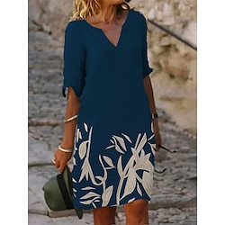 Women's Mini Dress Petite Dress T Shirt Dress Tee Dress Shift Dress Summer Dress Active Fashion Streetwear Outdoor Vacation Work Regular Fit Floral Half Sleeve Split Neck Navy Blue Blue