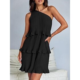 Women's Mini Dress Ruffle Dress Off The Shoulder Dress Casual Vacation Regular Fit Plain Sleeveless One Shoulder Black White Pink Red Summer