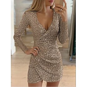 Women's Mini Dress Sequin Dress Party Dress Homecoming Dress Holiday Dress Fashion Mature Winter Dress Party Wedding Guest Regular Fit Pure Color Long Sleeve V
