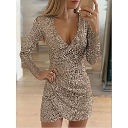 Women's Mini Dress Sequin Dress Party Dress Homecoming Dress Holiday Dress Fashion Mature Winter Dress Party Wedding Guest Regular Fit Pure Color Long Sleeve V Neck Black Gold Spring Fall Winter