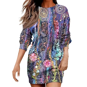 Women's Mini Dress Shift Dress Casual Vacation Holiday Going out Regular Fit Floral Graphic Geometric Long Sleeve Crew Neck Rusty Red Purple khaki Fall Winter