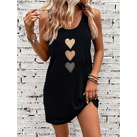 Women's Mini Dress Summer Dress Vacation Casual Beach Daily Loose Fit Heart Graphic Sleeveless U Neck Black Summer