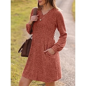 Women's Mini Dress Sweater Dress Casual Casual Regular Fit Plain Long Sleeve V Neck Black Brown Green Gray Fall Winter