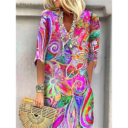 Women's Mini Dress T Shirt Dress Shift Dress Summer Dress Print Dress Active Fashion Streetwear Outdoor Vacation Work Regular Fit Floral Paisley Half Sleeve V Neck Red Blue