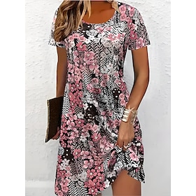 Women's Mini Dress T Shirt Dress Tee Dress A Line Dress Summer Dress Casual Holiday Beach Regular Fit Floral Graphic Short Sleeve Crew Neck Red Light Brown Blu