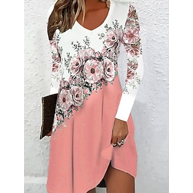 Women's Mini Dress T Shirt Dress Tee Dress Casual Outdoor Daily Holiday Regular Fit Floral Long Sleeve V Neck Black Pink Summer