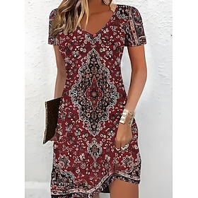 Women's Mini Dress T Shirt Dress Tee Dress Sundress Summer Dress Vacation Casual Boho Daily Holiday Going out Regular Fit Graphic Paisley Short Sleeve V Neck B