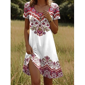 Women's Mini Dress T Shirt Dress Tee Dress Sundress Vacation Casual Boho Going out Regular Fit Graphic Paisley Short Sleeve V Neck Yellow Red Blue Purple Summe