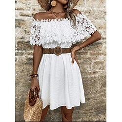 Women's Mini Dress White Dress White Lace Wedding Dress Boho Chic Dresses Boho Dress Bohemia Date Regular Fit Short Sleeve Off Shoulder White Summer