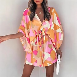 Women's Mini Dress Wrap Dress A Line Dress Vacation Casual Boho Outdoor Going out Beach Standard Fit Floral Graphic Short Sleeve V Neck Black Blue Orange Beige Summer Spring