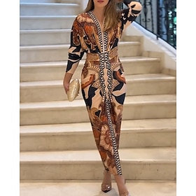 Women's Mini Dress Wrap Dress Vacation Casual Boho Outdoor Going out Beach Loose Fit Floral Graphic Paisley Long Sleeve V Neck Orange Summer Spring