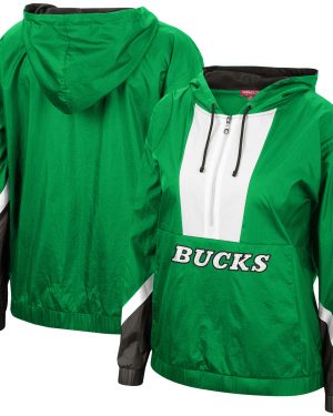 Women's Mitchell & Ness Green Milwaukee Bucks Half-Zip Windbreaker 2.0 Hoodie